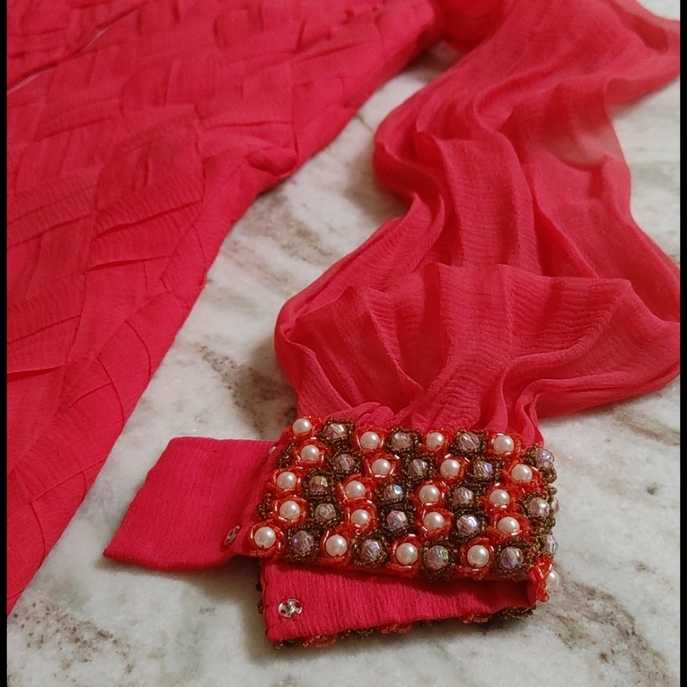 Couture Salmon Silk Chiffon Dress Beaded Cuffs XXS-XS